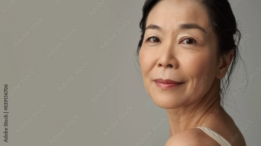 Serene mature woman with a graceful look, neutral backdrop. Serene mature woman with a graceful look, neutral backdrop.