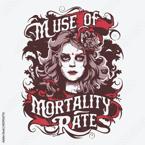 Muse Of Mortality Rate T-Shirt Design. Tortured Poet Gothic Vector