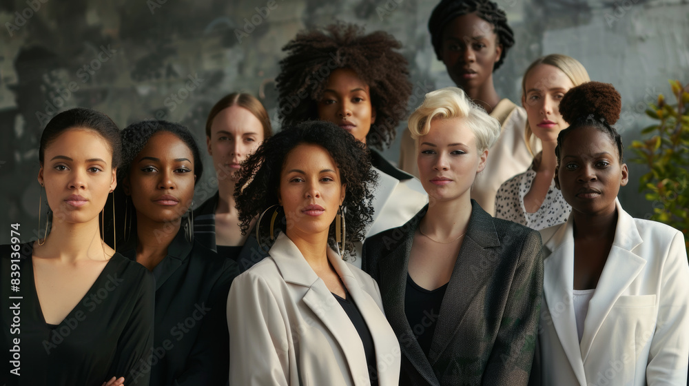 A powerful assembly of diverse women, unified in strength and solidarity, stands resiliently together. A powerful assembly of diverse women, unified in strength and solidarity, stands resiliently together.