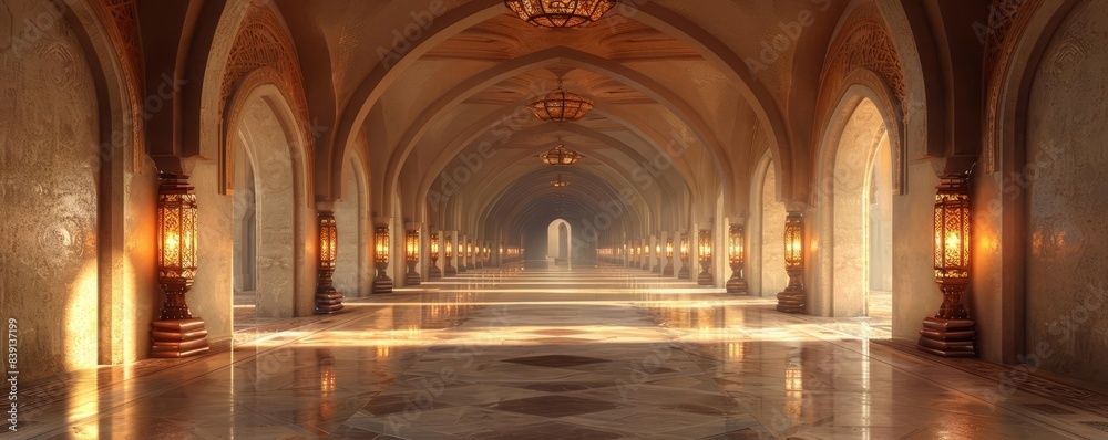 A wide corridor in an Arabian palace with lanterns, 3D render, in the style of highly detailed, in the style of high definition, high quality A wide corridor in an Arabian palace with lanterns, 3D render, in the style of highly detailed, in the style of high definition, high quality