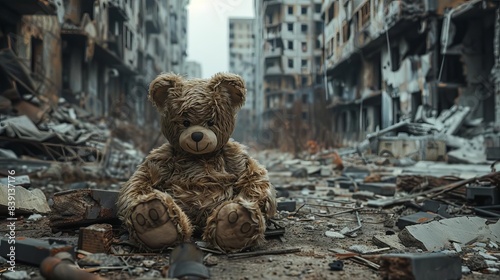A teddy bear sits alone in the middle of an abandoned city, surrounded by rubble and debris from war In a wide shot, with an ultra realistic photographic style