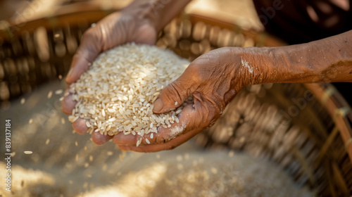 A pair of weathered hands gently cradles a handful of rice grains, highlighting agricultural traditions and the hard work of farmers.
