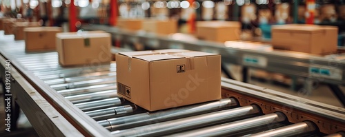cardboard boxes on a conveyor belt in a warehouse, with a blurred background and copy space , a banner, in a flat lay style, stock photo with 23 of the space for text