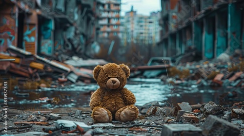 Cinematic photo of an abandoned teddy bear sitting in the middle of destroyed buildings, a river is flowing through ruins with a postapocalyptic city background