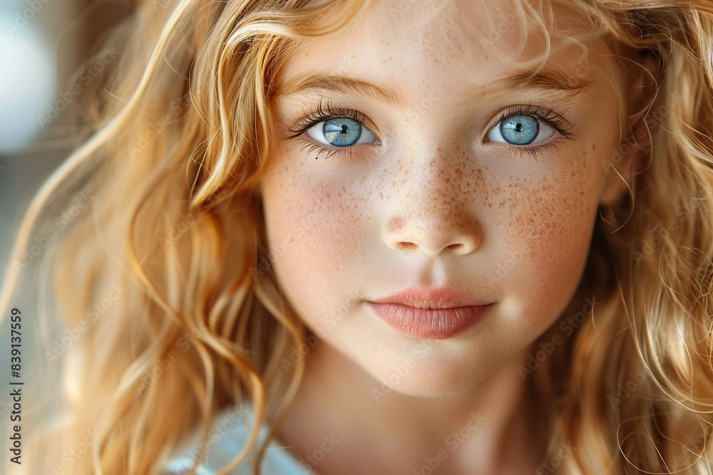 Portrait of a little beautiful blonde girl with loose hair and blue eyes. Generated by artificial intelligence Portrait of a little beautiful blonde girl with loose hair and blue eyes. Generated by artificial intelligence