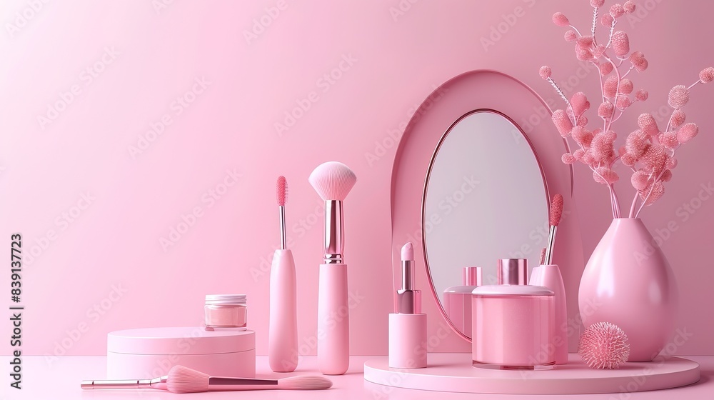 Makeup cosmetic tools pink pastel background suitable for e commerce Makeup cosmetic tools pink pastel background suitable for e commerce