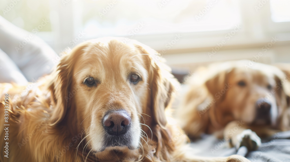 Two golden retrievers lounging in a sunlit room, embodying comfort and companionship with their relaxed and content demeanor.