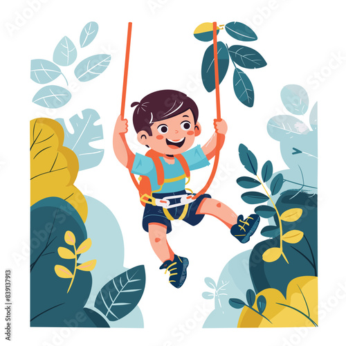 Young boy enjoying adventure park activity, smiling child swinging rope, kid safety harness playground. Happy male child engaging outdoor fun, cartoon character playing amidst foliage. Excited