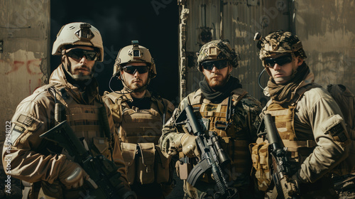 Group of armed soldiers posing confidently against a destroyed building.