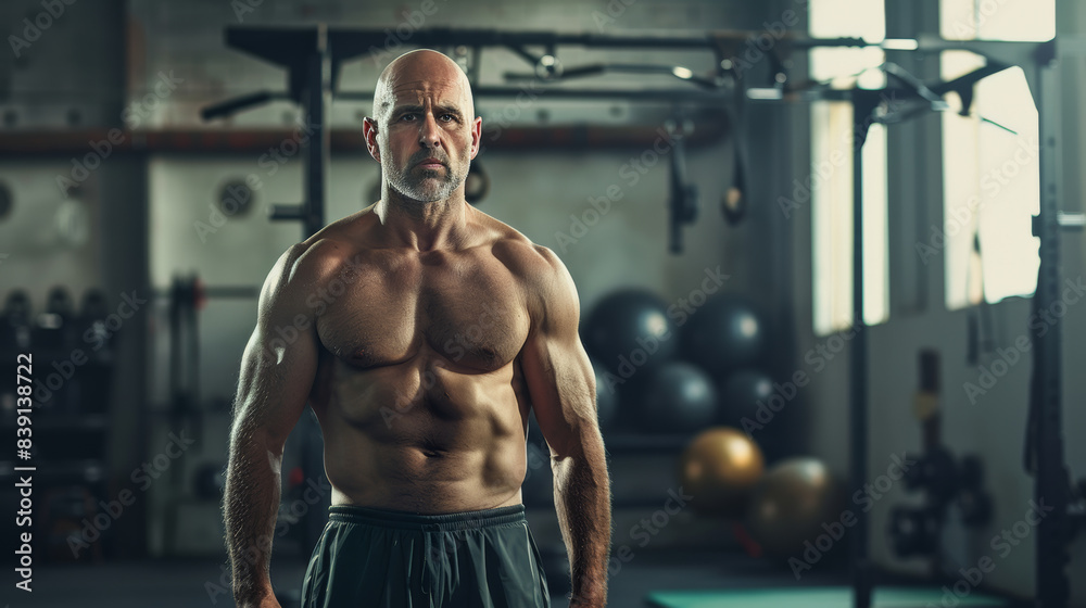 Muscular man with focused expression standing in a well-equipped gym. Muscular man with focused expression standing in a well-equipped gym.