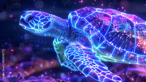 Abstract neon illustration with beautiful turtle