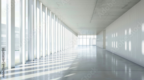 Modern, airy interior flooded with light, casting geometric shadows on the floor.