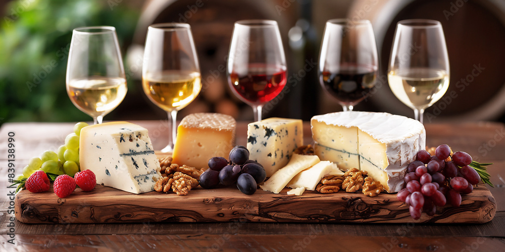 Assortment of cheeses on a rustic wooden board alongside complementary wines, fresh fruits and nuts to suggest ideal pairing. Food and drinks concept. Assortment of cheeses on a rustic wooden board alongside complementary wines, fresh fruits and nuts to suggest ideal pairing. Food and drinks concept.
