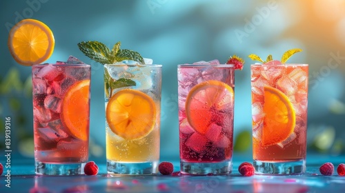 A variety of summer cocktails with citrus garnishes  backlit by warm sunset light  showing refreshing beverages