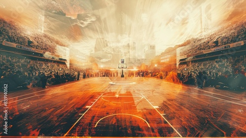 a double exposure an empty basketball court and a basketball stadium full of cheering fans 