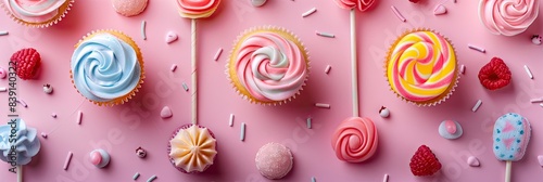 Abstract shapes of cute sweets like cupcakes, lollipops, and candies on a pastel background photo