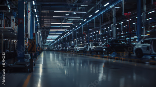 Cars roll off the production line in an industrial factory.