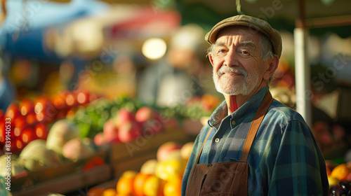 Elderly vendor smiling warmly at a colorful outdoor fruit market.