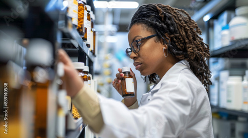 A focused female scientist attentively examines a medicine bottle in a modern pharmacy lab. photo
