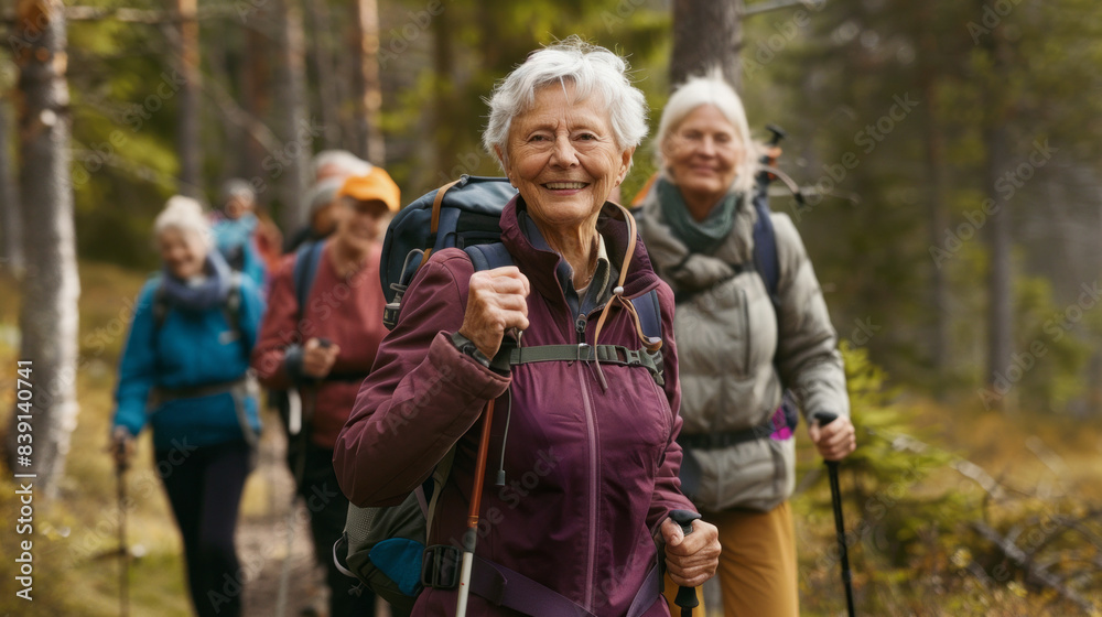 Nature, hiking and happy senior friends bonding, talking and laughing at comic joke in forest. Happiness, fun and group of elderly people trekking together for health, wellness and exercise in woods. Nature, hiking and happy senior friends bonding, talking and laughing at comic joke in forest. Happiness, fun and group of elderly people trekking together for health, wellness and exercise in woods.