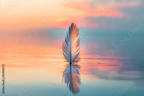 A feather standing upright on a calm reflective surface during sunset, creating a serene and tranquil atmosphere with soft pastel colors.
