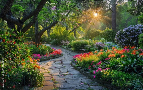 A Morning in a Blossoming Garden, A Garden Awakening with Blooms, A Peaceful Garden Morning Stroll. Generative Ai