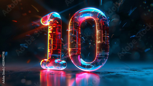 Beautiful glowing 3D number ten on a black background
