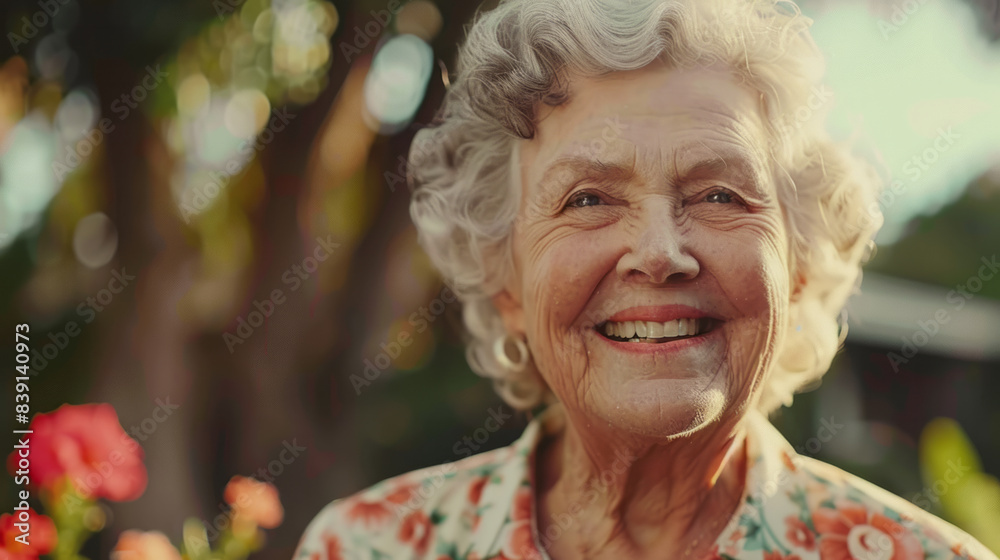 a joyful elderly woman with curly gray hair and red-framed glasses, smiling brightly. outdoors, background of greenery and bokeh light effects a joyful elderly woman with curly gray hair and red-framed glasses, smiling brightly. outdoors, background of greenery and bokeh light effects