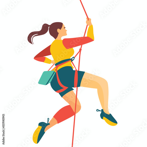 Female climber scaling wall using rope sport climbing dynamic movement. Woman engaged rock climbing wearing harness chalk bag isolated white background. Sportswoman exhibiting strength agility
