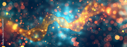 abstract DNA structure background with glowing particles and bokeh lights, neon color 