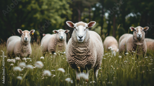 Sheep in nature on meadow. Farming outdoor.