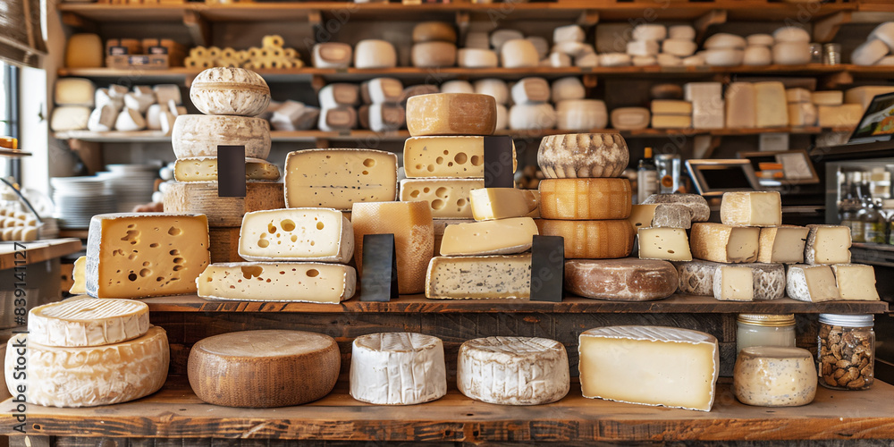 Cheese shop with shelves filled with an array of cheese heads as the backdrop. Small cheese dairy business concept. Cheese shop with shelves filled with an array of cheese heads as the backdrop. Small cheese dairy business concept.