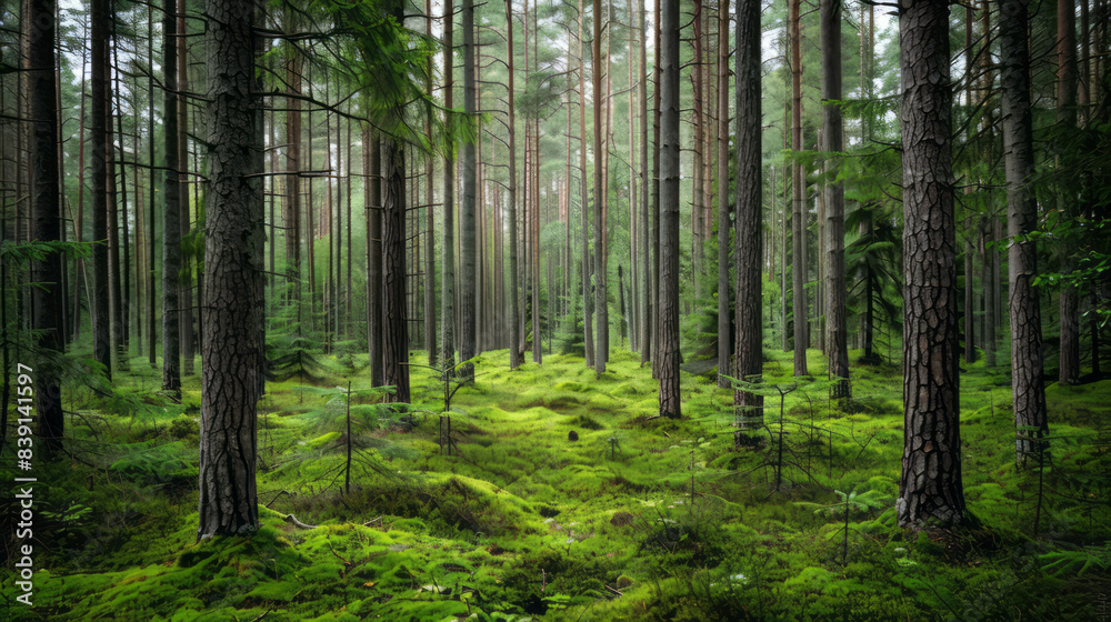 A dense pine forest in northern Europe, with tall trees and mosscovered ground, showcasing the natural beauty of an old growth woodland A dense pine forest in northern Europe, with tall trees and mosscovered ground, showcasing the natural beauty of an old growth woodland