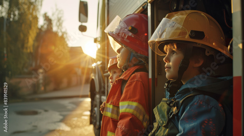 Young firefighters dawn helmets  gazing into the sunset  dreaming heroically.