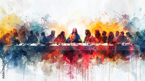 Digital watercolor painting of Jesus Watercolor painting  Jesus at the Last Supper  surrounded by his disciples in a dimly lit room  long table set with food and wine  solemn and reflective atmosphere