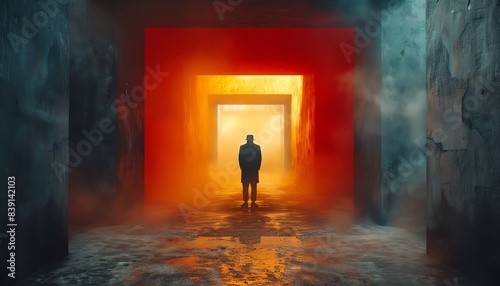 Silhouette of a person standing in a smoky corridor with a glowing red doorway.