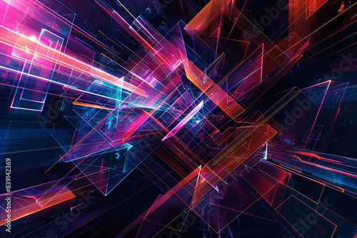 An abstract rendition of geometric shapes against a digital backdrop, reminiscent of circuit boards and futuristic interfaces, illustrating the intersection of art and technology in the modern world.