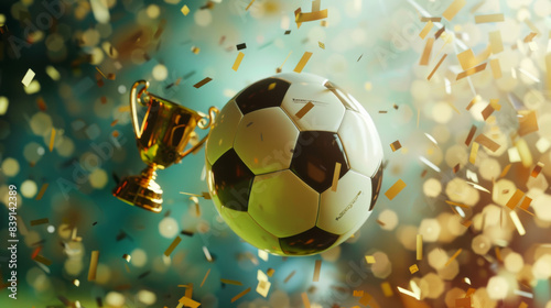 A soccer ball and a golden trophy levitate amidst a flurry of sparkling confetti, symbolizing triumph and celebration.