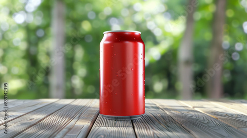 A sleek red soda can sits on a wooden surface, with a blurred green forest background, creating a refreshing and natural ambiance. © VK Studio