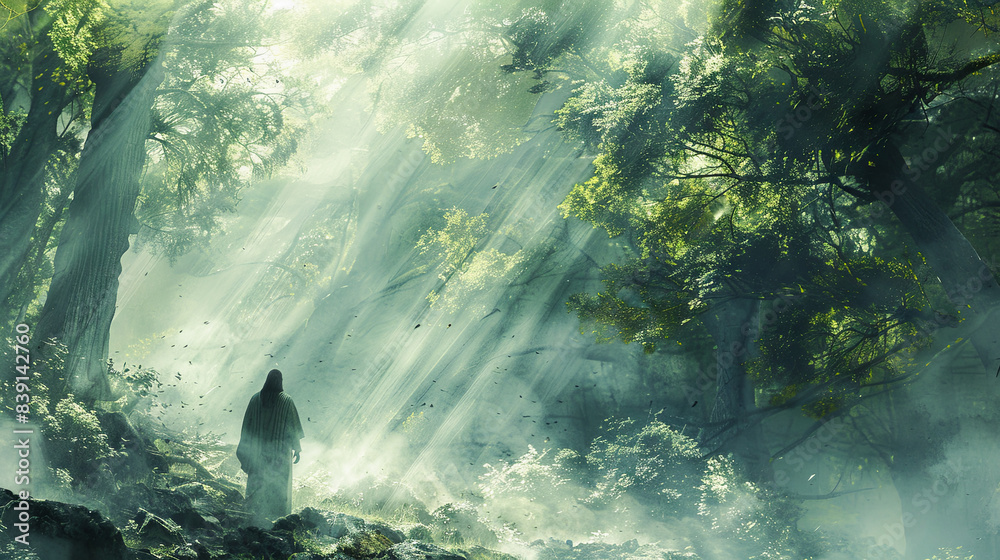 Digital watercolor painting of Jesus walking through a misty, moss-covered forest, ancient trees towering overhead, shafts of sunlight filtering through the dense canopy