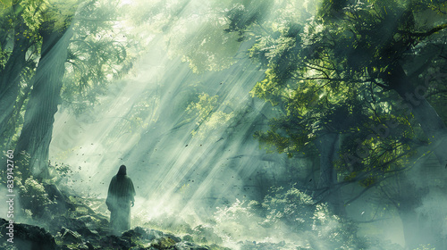 Digital watercolor painting of Jesus walking through a misty, moss-covered forest, ancient trees towering overhead, shafts of sunlight filtering through the dense canopy © Graphic Dude