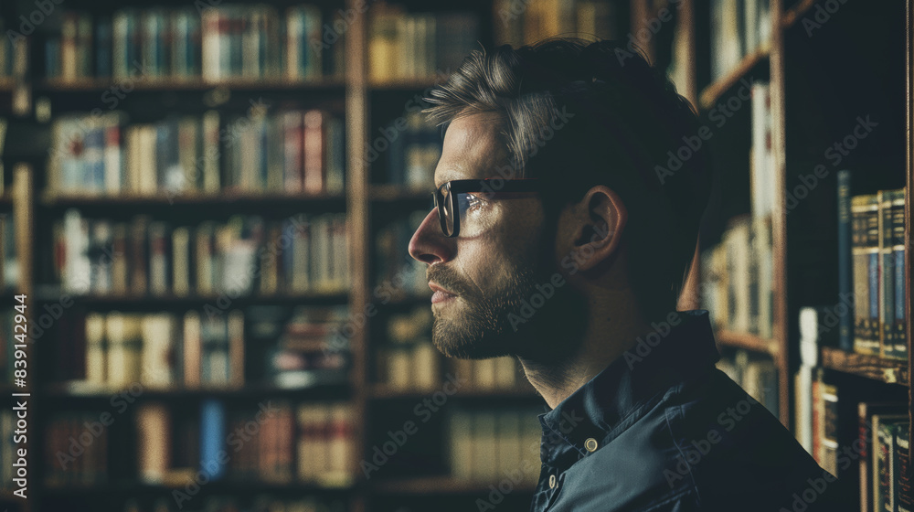 Fototapeta premium A thoughtful person with glasses stands in front of a bookshelf, deep in contemplation, within a cozy library setting.