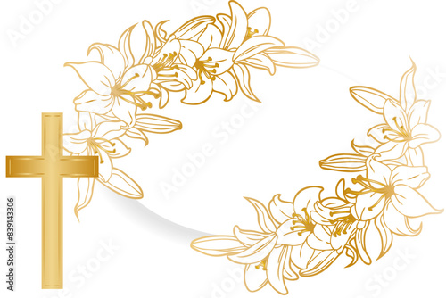 white lilies with a Christian cross with a golden gradient
