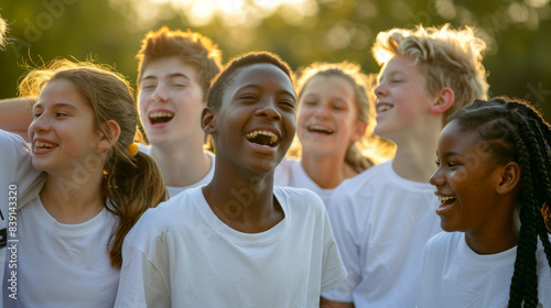 A group of joyful teenagers laughing together outdoors, dressed in white shirts and bathed in warm, golden sunshine, capturing the essence of friendship and youth.