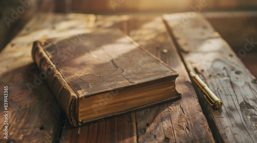 An antique book with a worn cover and golden pen beside it on a rustic wooden table, bathed in warm sunlight, evoking a sense of history and nostalgia.
