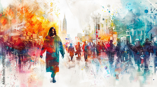 Digital watercolor painting of Jesus Watercolor painting, Jesus walking through a busy city street, blending ancient and modern elements, people of diverse backgrounds passing