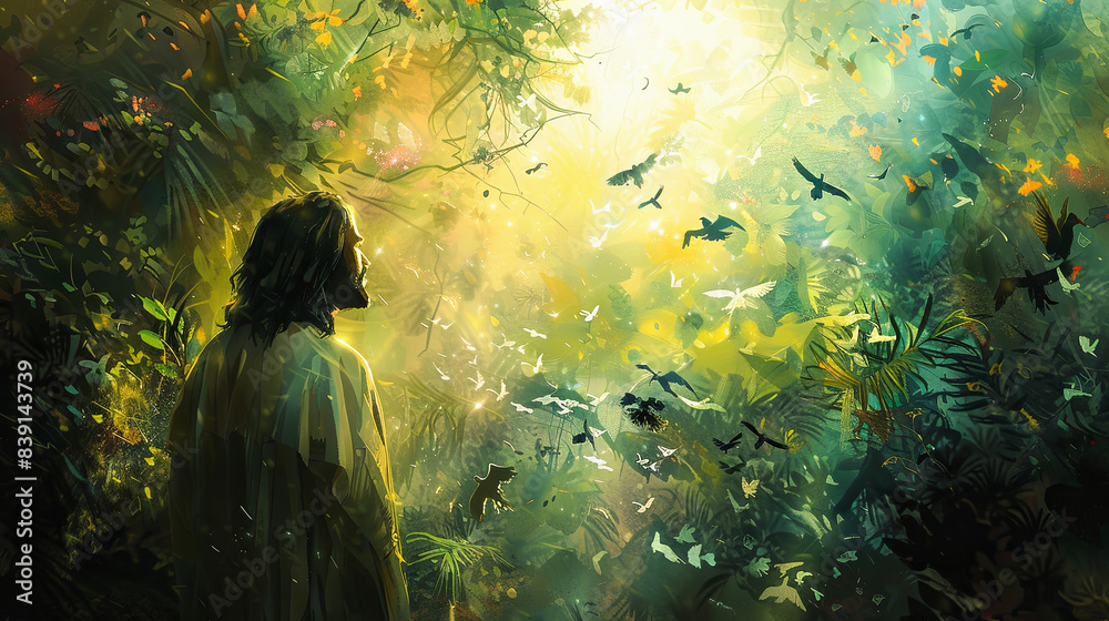 Digital watercolor painting of Jesus standing at the edge of a lush, tropical rainforest, sunlight filtering through the dense canopy Digital watercolor painting of Jesus standing at the edge of a lush, tropical rainforest, sunlight filtering through the dense canopy