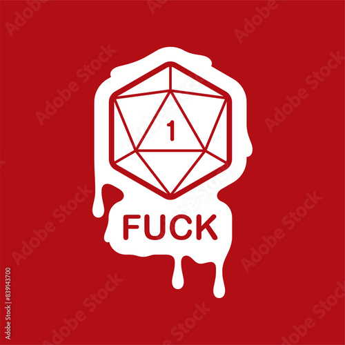 Vector bloody emblem symbol of 20 double sided cubes with number 1 and text fuck. Board Games. Isolated on blue background.