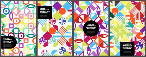 Abstract geometric artwork. Simple shapes combination poster set. Colorful pattern background collection. Retro modern trendy graphic painting. Postmodern art print vector eps design