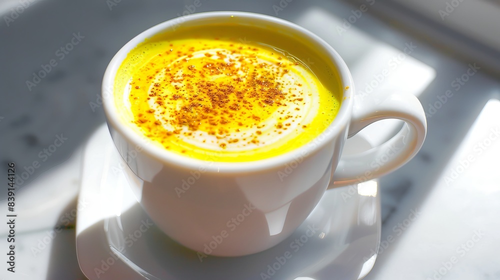 Highlight the vibrant colors of a turmeric latte, super realistic Highlight the vibrant colors of a turmeric latte, super realistic